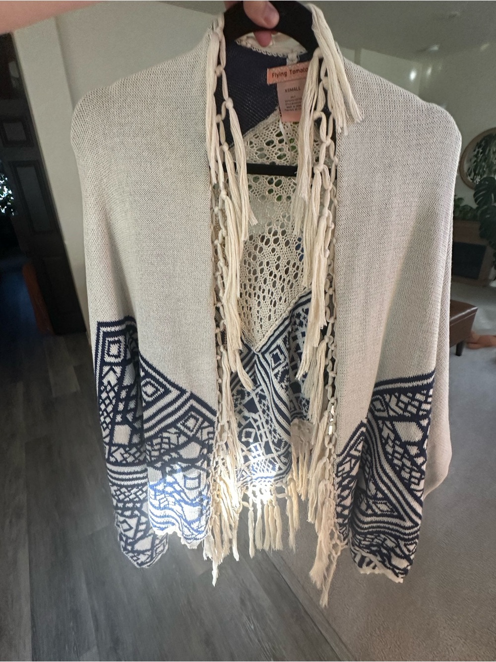 Flying Tomato Cream Open Poncho with Navy Geometric Border
